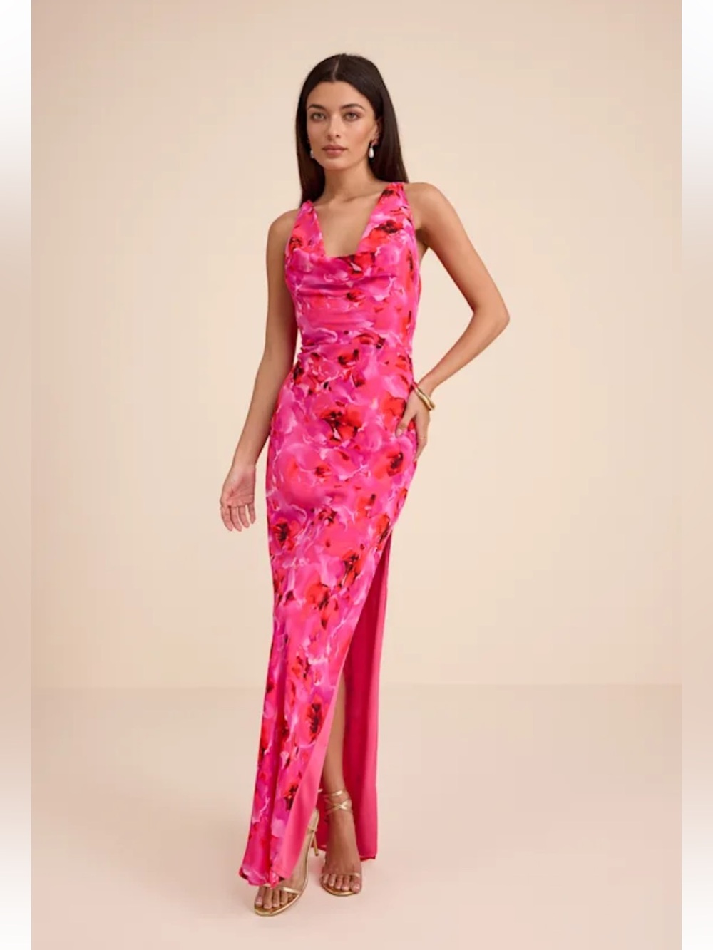NWT Lulus Marlesa Hot Pink Floral Cowl Back Maxi Dress